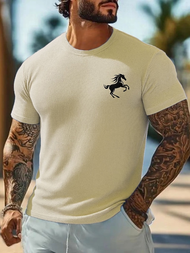  男性用 馬 ワッフルシャツ 半袖 Tシャツ 3Dプリント クルーネック シャツ 旅行度假风 トロピカル風 日常 バケーション カジュアル 日常 ライトブルー ライトグリーン ピンク 夏 春 衣類 S M L XL XXL XXXL
