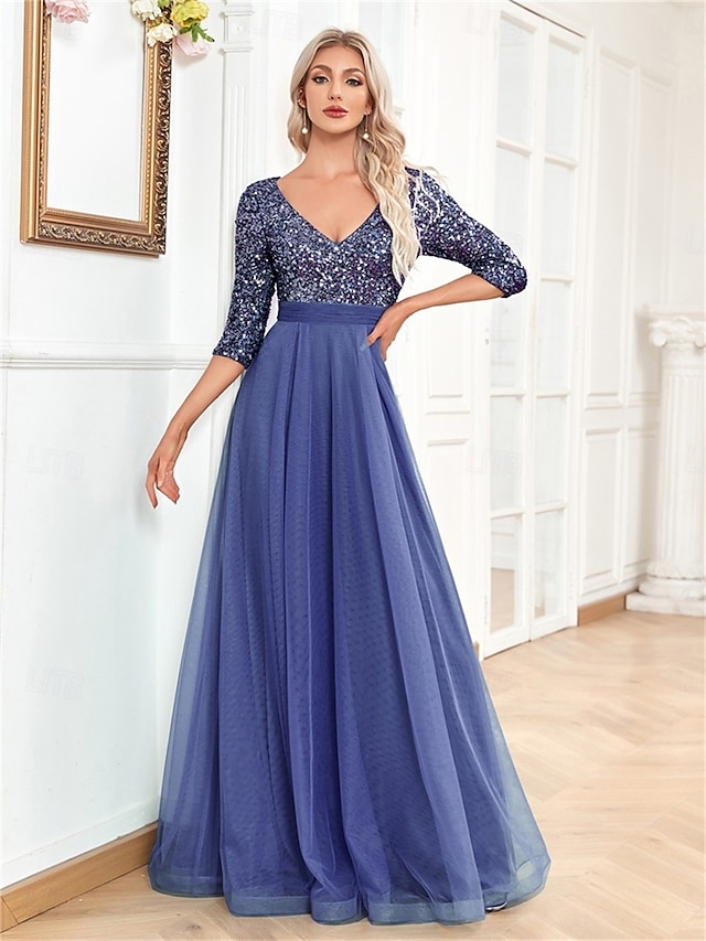  A-Line Quinceanera Dresses Elegant Dress Formal Wedding Floor Length Half Sleeve V Neck Tulle with Sequin