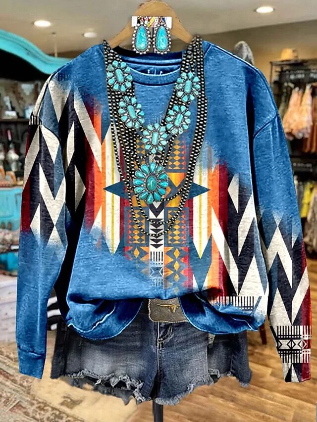 Women's Sweatshirts Graphic Geometric Casual Long Sleeve Crew Neck Regular Tops Street Dailywear Print Blue Orange Brown Fall Winter4