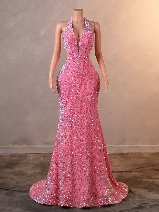  Mermaid / Trumpet Evening Gown Elegant Dress Formal Prom Court Train Sleeveless V Neck Sequined with Sequin