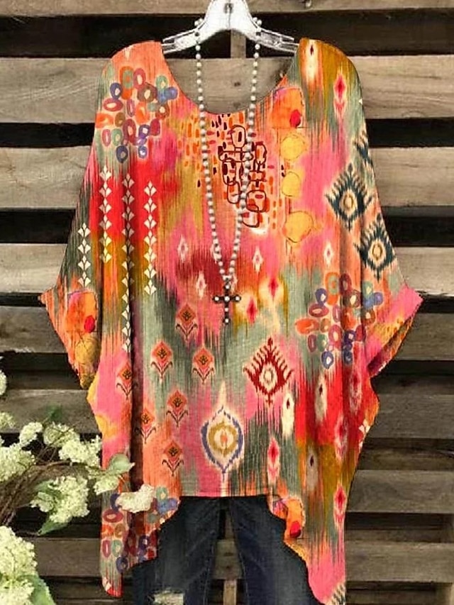  Női Boho ing Grafika Absztrakt Elegáns Csehország Aktív Rövid ujjú Denevérujj Terített nyak Normál felsők Napi Szabadság Strandruházat Sárga Medence Bíbor Fukszia Narancssárga Nyár Tavasz
