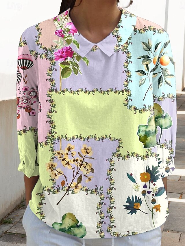 Women's Blouse Long Sleeve Peter Pan Collar Casual Floral Graphic Geometric Daily Stylish Collar Regular Tops Daily Print Yellow Pink Blue Spring Fall4