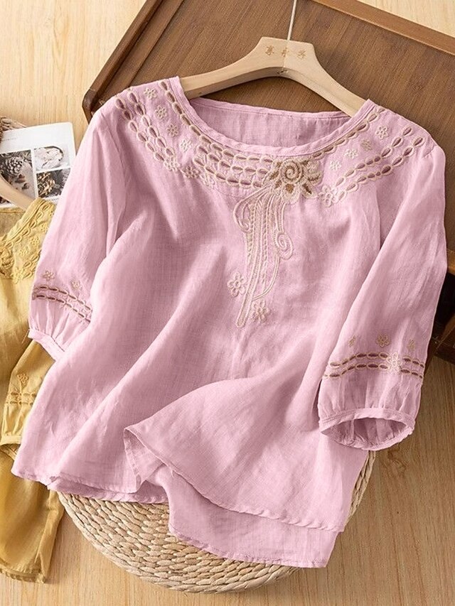 Women's Ruffles Casual Cotton And Linen 3/4 Sleeves Shirt