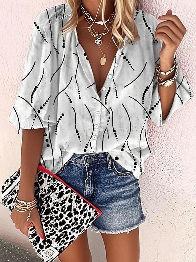  Damen Bluse Grafik Geometrisch Elegant Täglich Stilvoll Dreiviertelarm Hoher Ausschnitt Normale Oberteile Knöpfe Druck Weiß Gelb Rosa Blau Sommer Frühling