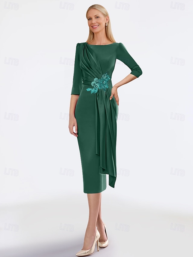  Sheath-Kleid Mutter der Braut Kleid Elegantes Juwelenausschnitt Tee-Länge Satin Halbe Ärmel mit Falten einfarbig kostenlose Anpassung