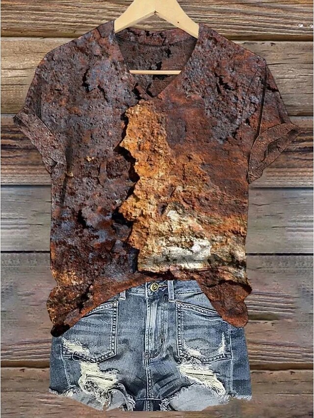 Women's T Shirt Ombre Graphic Abstract Vintage Stylish Classic Short Sleeve V Neck Regular Tops Daily Going out Weekend Print Maroon Brown Summer Spring3