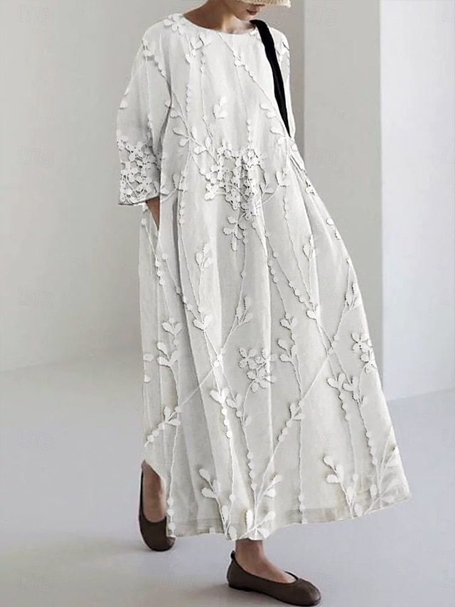  Damen Midikleid Sommerkleid A Linie Kleid Urlaub Lässig Strand Ferien Lässiger Schnitt Blumen Grafik Langarm Rundhalsausschnitt U-Boot-Ausschnitt Weiß Sahne Rosa Khaki Sommer Frühling Herbst