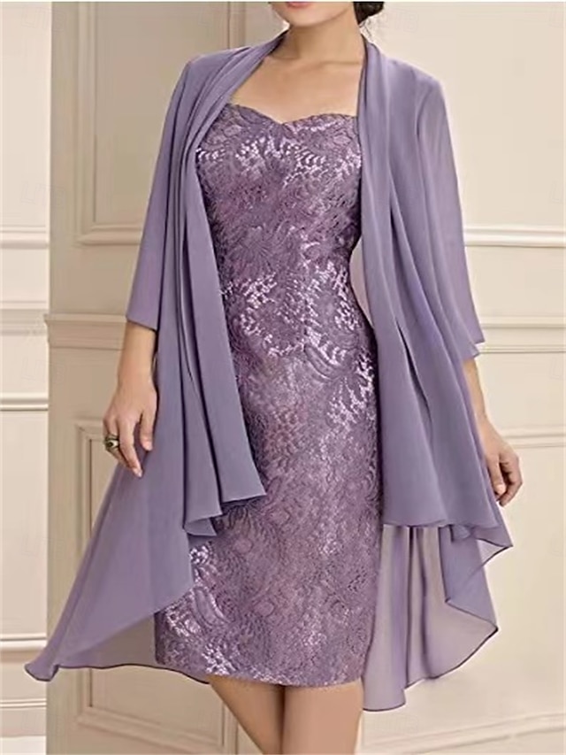  Completo due pezzi, abito per la madre della sposa, elegante, semplice, con scollo a cuore, lunghezza al ginocchio, manica a 3/4, tinta unita, 2025