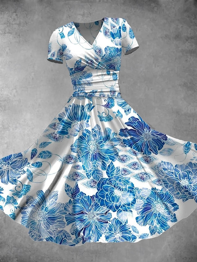  Dame Midikjole Sommerkjole Fit And Flare Dress Fest Fritid Daglig Ferie Normal Blomstret Grafisk Kortermet V-hals Rosa Blå Himmelblå Lys Lilla Sommer Vår
