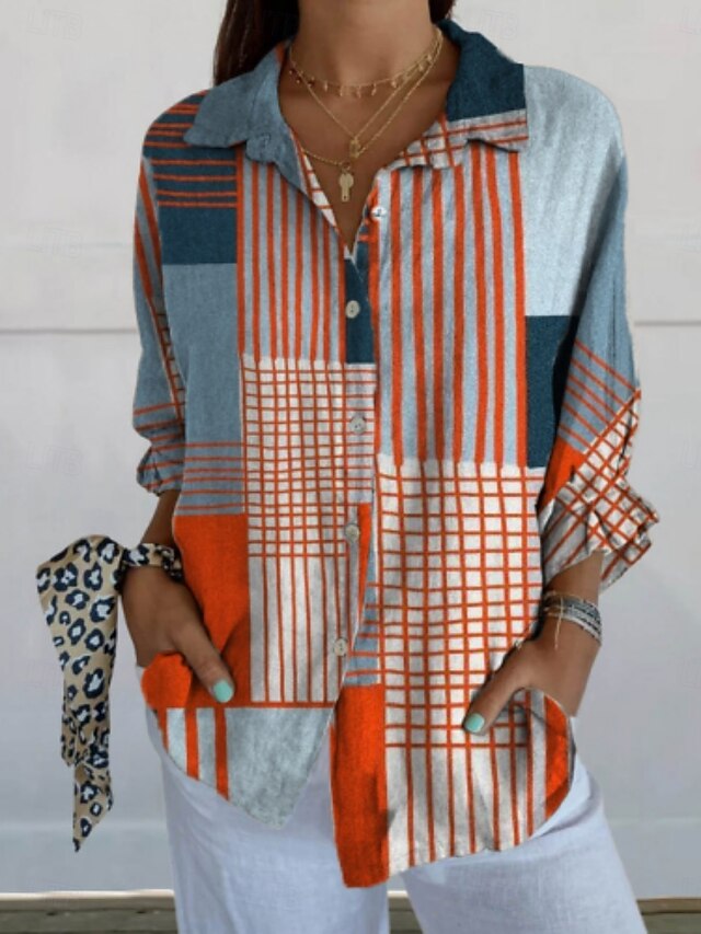 Women's Blouse Geometric Color Block Daily Stylish Long Sleeve Shirt Collar Regular Tops Daily Holiday Buttons Print Blue Summer4