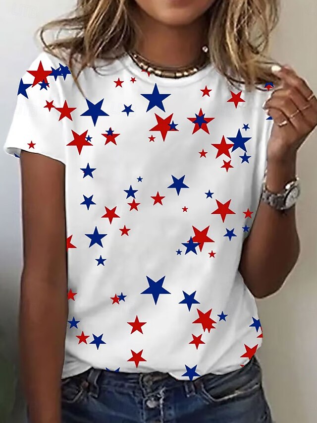 Women's Patriotic  T Shirt Graphic Star Vintage Stylish Classic Short Sleeve Crew Neck Regular Tops Daily Weekend Print Black White Pink Summer4