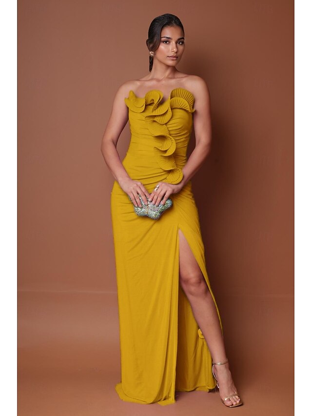  Meerjungfrau  Trompeten Abendkleid Elegantes Kleid Formelles Semi Formelles Hochzeits Bodenlang Ärmellos Trägerlos Stretch Chiffon mit gerafften Rüschen Schlitz