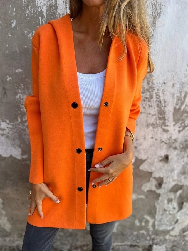  Mujer Chaqueta casual Transpirable Cómodo Botones Bolsillo Casual Plano Vacaciones Calle Casual Ropa Cotidiana Botonadura Simple Largo Con Capucha Ajuste regular Manga Larga Ropa de calle Rojo