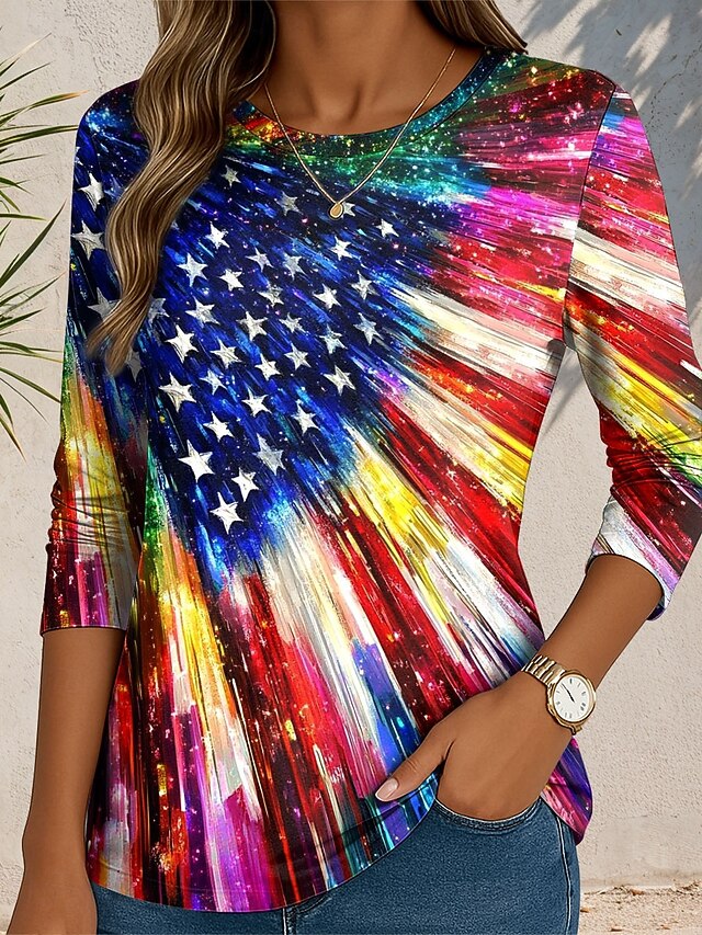 Women's Patriotic T Shirt Graphic Flag Abstract Vintage Stylish Classic  Round Neck Regular Tops Daily Print Blue Purple Green Fall4