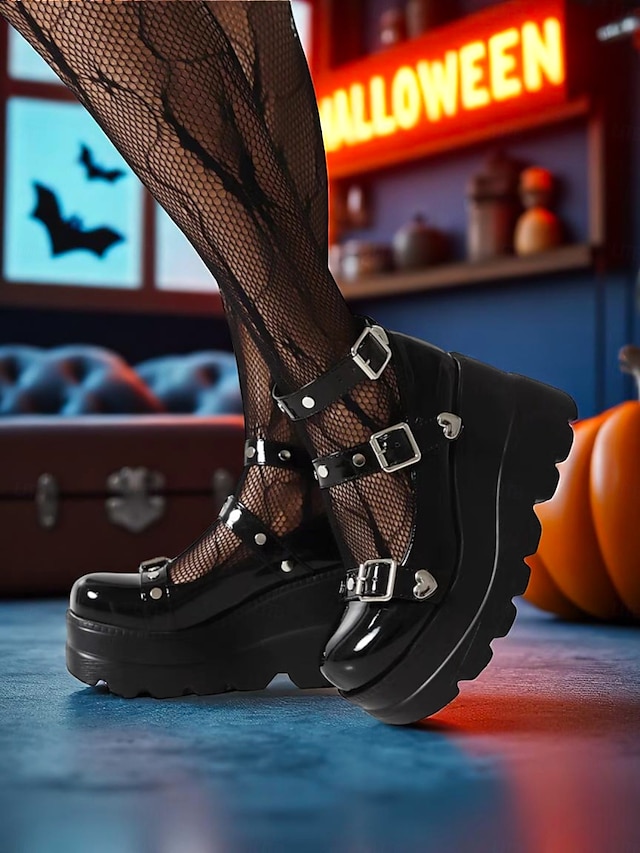  női, 1980-as évekbeli fekete platform Mary Jane cipők csatokkal és szív alakú szegecsekkel – gótikus punk lolita stílus halloweenre, cosplayre és esti kiruccanásokra