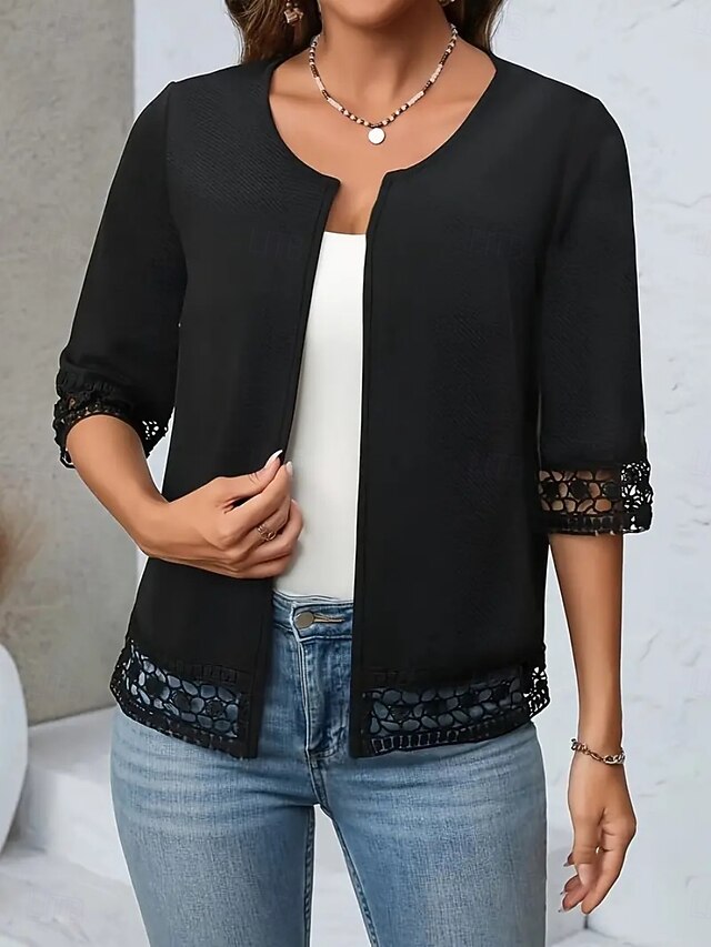 Women's Casual Jacket Breathable Comfortable Patchwork Cut Out Elegant Casual Plain Vacation Street Casual Daily Wear Open Front Regular Crewneck Regular Fit Half Sleeve Outerwear Black Summer Spring4