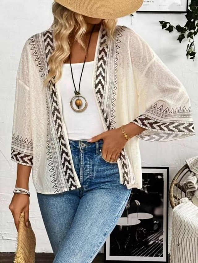  Women's Casual Jacket Breathable Comfortable Patchwork Casual Plain Vacation Street Casual Daily Wear Open Front Regular Collarless Regular Fit 3/4 Length Sleeve Outerwear Khaki Gray Summer Spring
