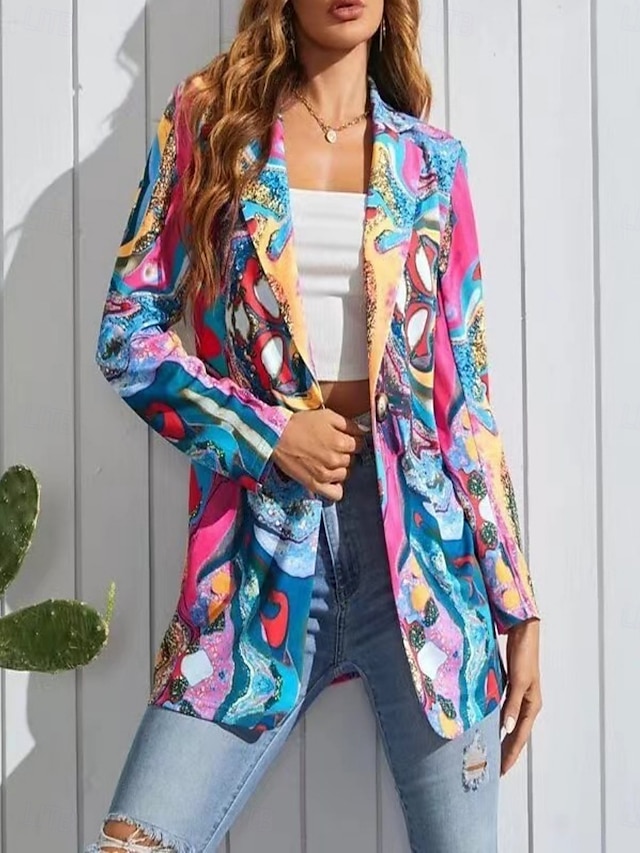  Dam Kavaj Bekväm Andningsfunktion Mönster Modern Ledigt Geometrisk Kontor Gata Ledigt Dagliga kläder Enkelknäppt Normal Nedvikt Lös passning Långärmad Ytterkläder Blå Purpur Fuchsia Sommar Vår