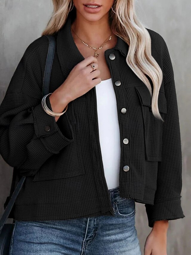  Mujer Chaqueta casual Cómodo Transpirable Bolsillo Botones Casual Plano Vacaciones Calle Casual Ropa Cotidiana Botonadura Simple Corto Cuello Vuelto Ajuste regular Manga Larga Ropa de calle Negro