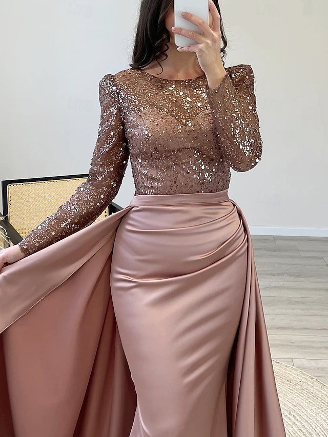  Meerjungfrauenschnitt Abendkleid Elegant Kleid Karneval Formell Bodenlang Langarm Illusionsausschnitt Abnehmbar Satin mit Perlen Überrock 2025