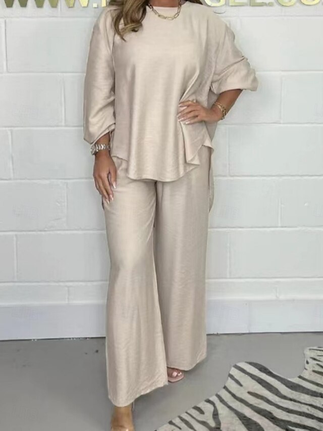 Women's Fashion Streetwear Daily Pants Sets Long Sleeve Crew Neck Solid Color Print Casual Daily Khaki Beige Gray Summer Regular Fit4