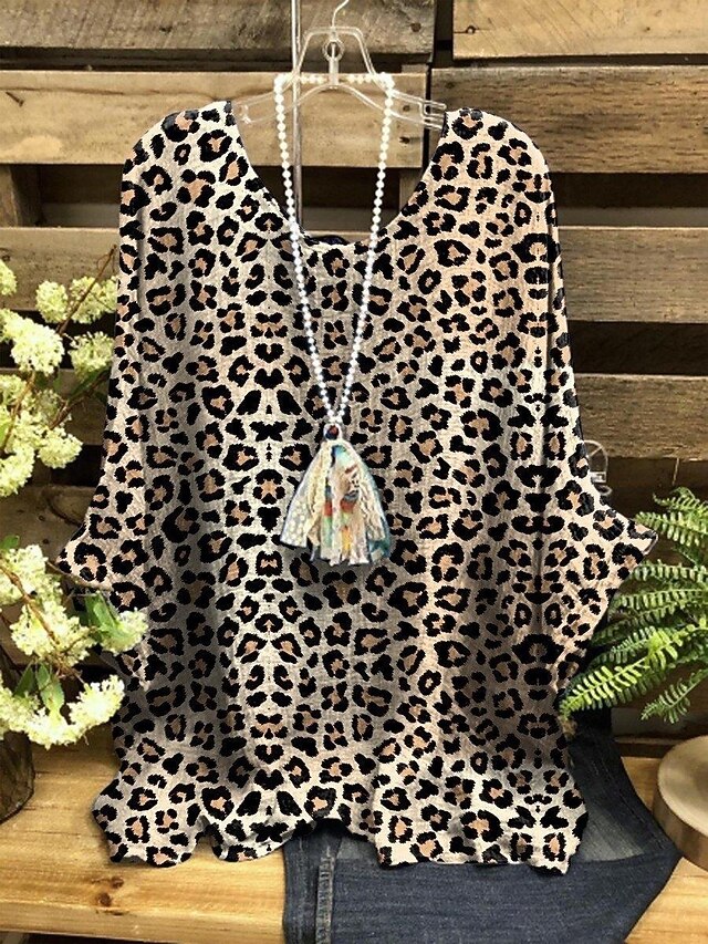 Women's Shirt Leopard Stylish 3/4 Length Sleeve Crew Neck Regular Tops Daily Holiday Print Purple Fuchsia Brown Summer4