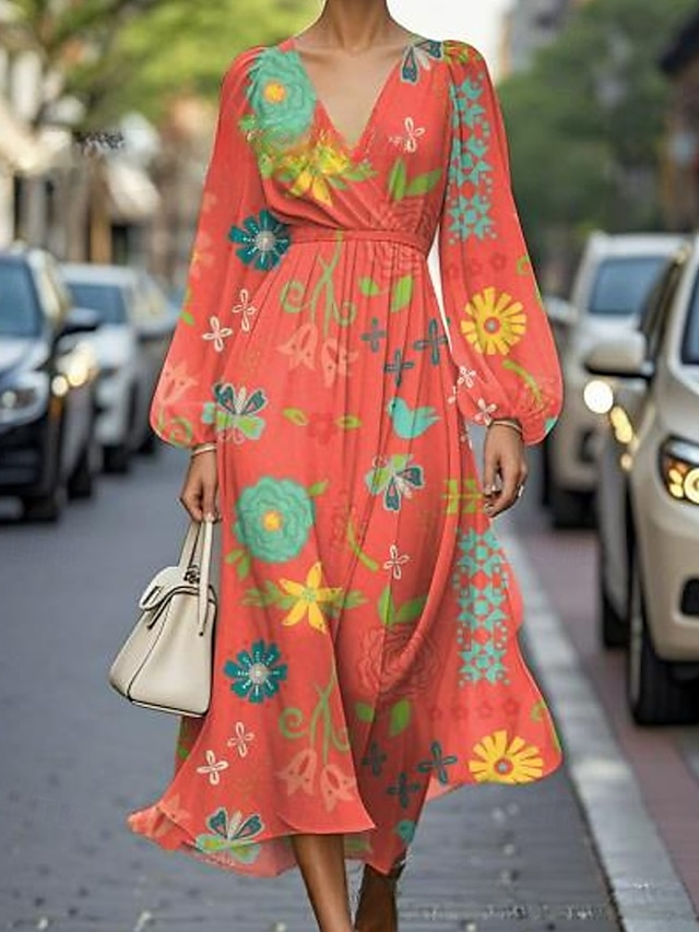 Femmes Robe Midi Robe Décontractée Robe Imprimée Élégant Mode Extérieur Soirée Fête Coupe régulière Fleur manche longue Col en V Orange Été Printemps