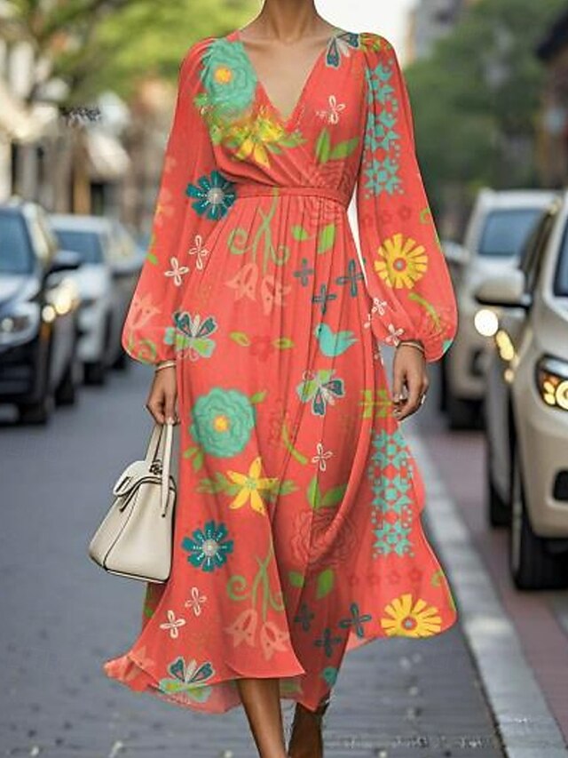 Women's Midi Dress Casual Dress Print Dress Elegant Fashion Outdoor Party Holiday Regular Fit Flower Long Sleeve V Neck Orange Summer Spring4