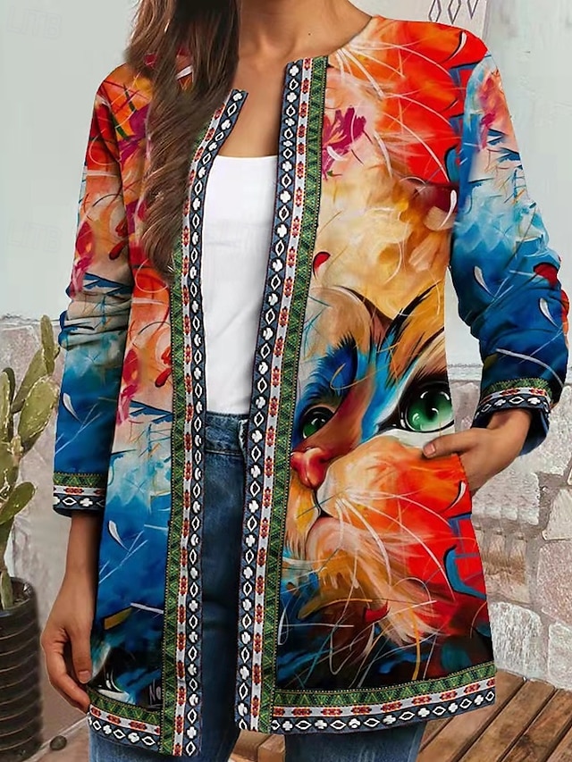  Dames Elegante Dusters Elegante jasjes Vrijetijdsjas Straat Uitgaan Herfst Winter Normaal jas Normale pasvorm Houd Warm Comfortabel Modieus Modern Jacks Lange mouw Bloemig Zak Rood Paars Oranje
