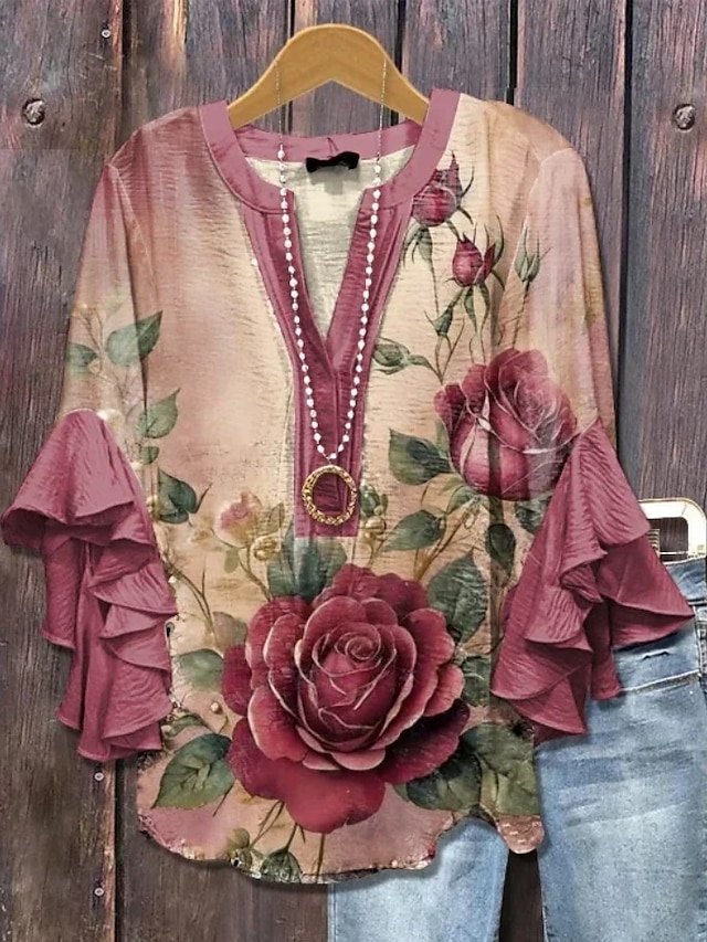  Pentru femei Bluză Floral Grafic Elegant Boemia Έθνικ Lungime Manșon 3/4 În V Topuri obișnuite Zilnic Concediu Îmbrăcăminte de vacanță Bufantă Imprimeu Roz Îmbujorat Roșu-aprins Albastru piscin