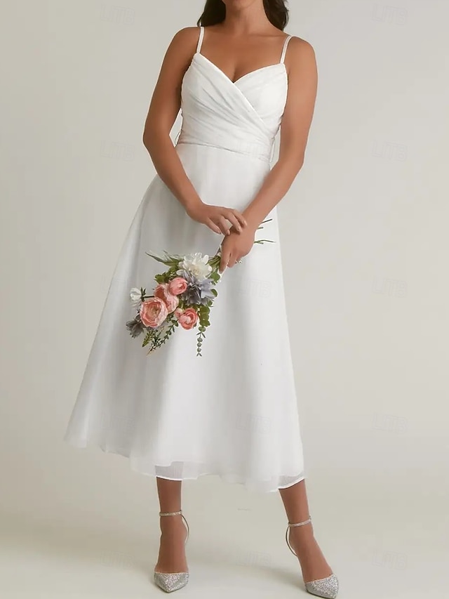  Verlobung Kleine Weiße Kleider Hochzeitskleider A-Linie V Ausschnitt Spaghettiträger Tee-Länge Satin Brautkleider Mit Gerafft 2025