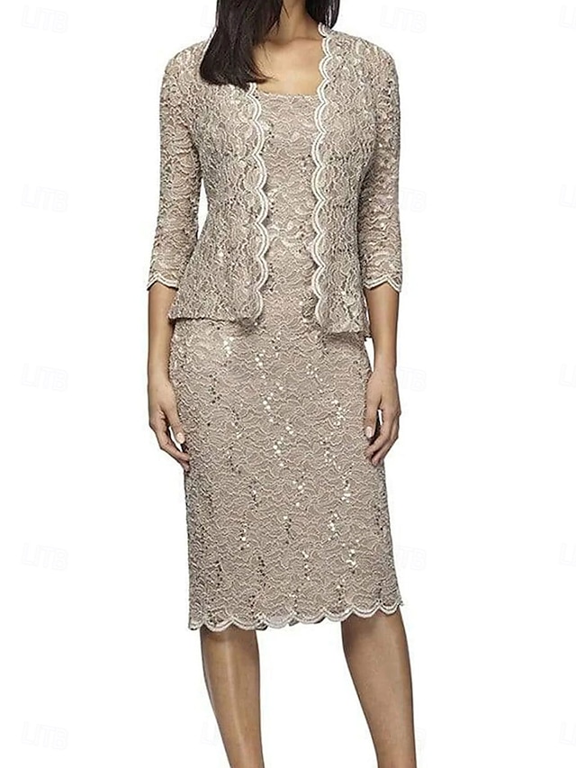  Zweiteilige Kleid Sets Mutter der Braut Kleid Elegant Quadratischer Ausschnitt Knie-lange Spitze 3/4 Länge Ärmel mit Spitze