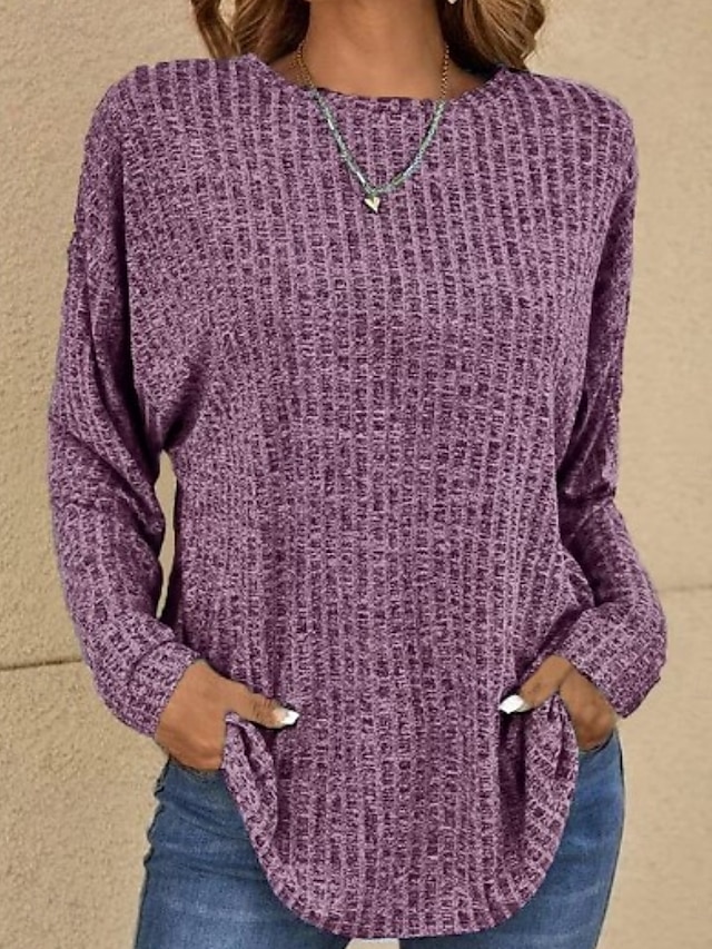  Damen Bluse Einfarbig Basic Lässig Langarm Rundhalsausschnitt Normale Oberteile Täglich Blau Purpur Grau Frühling Herbst