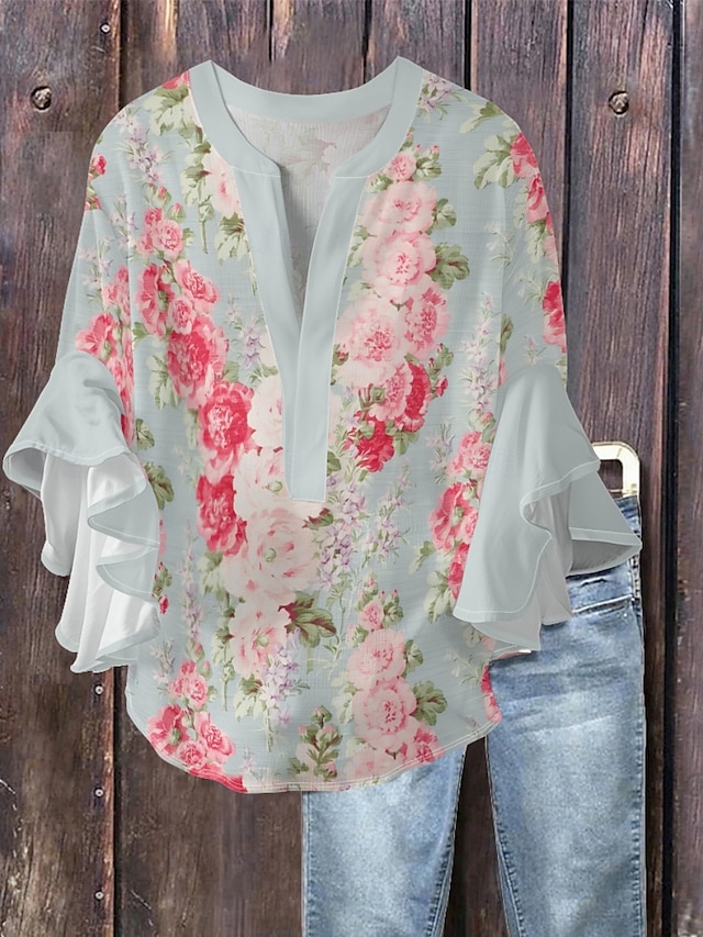  Γυναικεία Μπλούζα Φλοράλ Στυλάτο Μοντέρνα 3/4 Μήκος Μανικιού Λαιμόκοψη V Κανονικά μπλουζάκια Καθημερινά Αργίες Με Βολάν Στάμπα Μαύρο Θαλασσί Πράσινο του τριφυλλιού Σομόν Καλοκαίρι