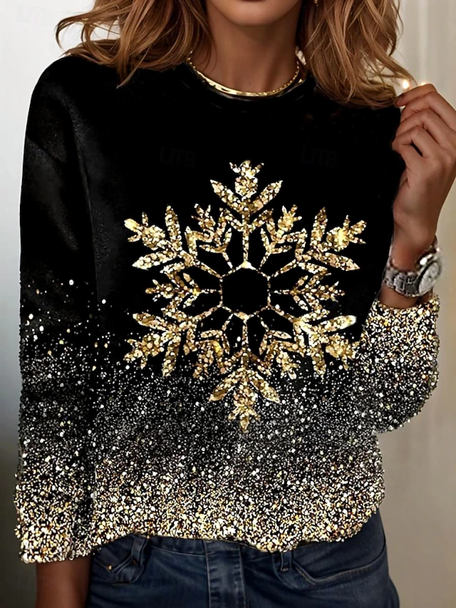 Women's T shirt Crew Neck Long Sleeve Tunic Casual Print Regular Tops Daily Black Spring Fall 5