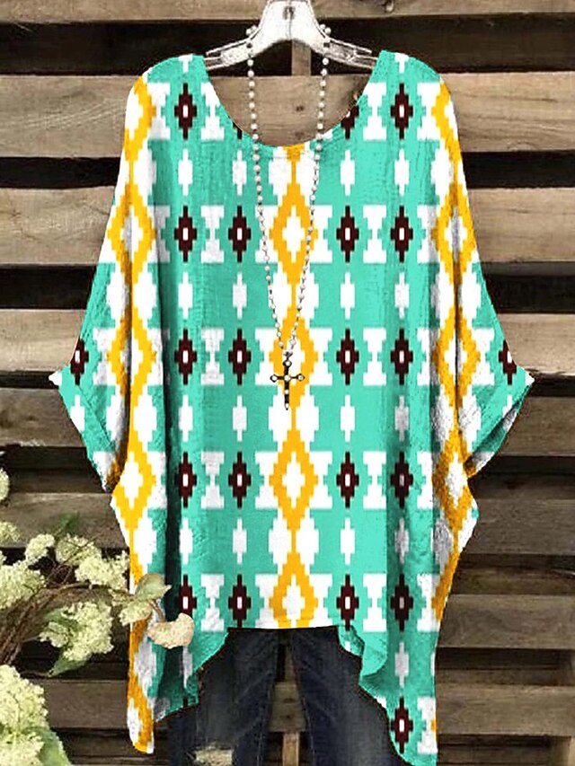Women's Blouse Graphic Geometric Elegant Vintage Daily Short Sleeve ...