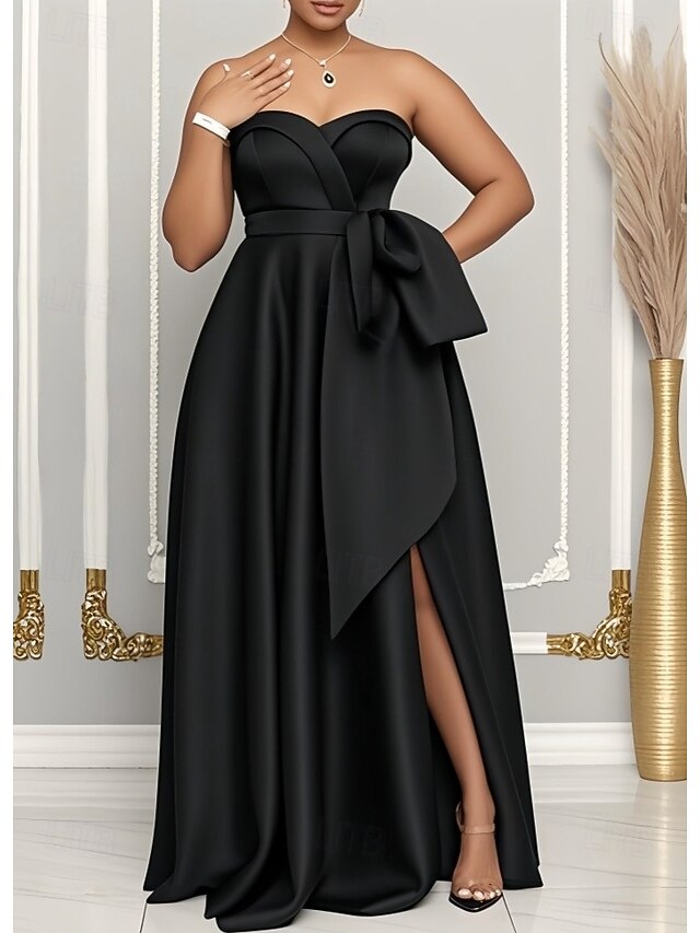  A-Linie Hochzeitsgast Kleider Elegantes Kleid Hochzeitsgast Verlobung Bodenlänge Ärmellos Sweetheart Satin mit Schlitz Schmetterling