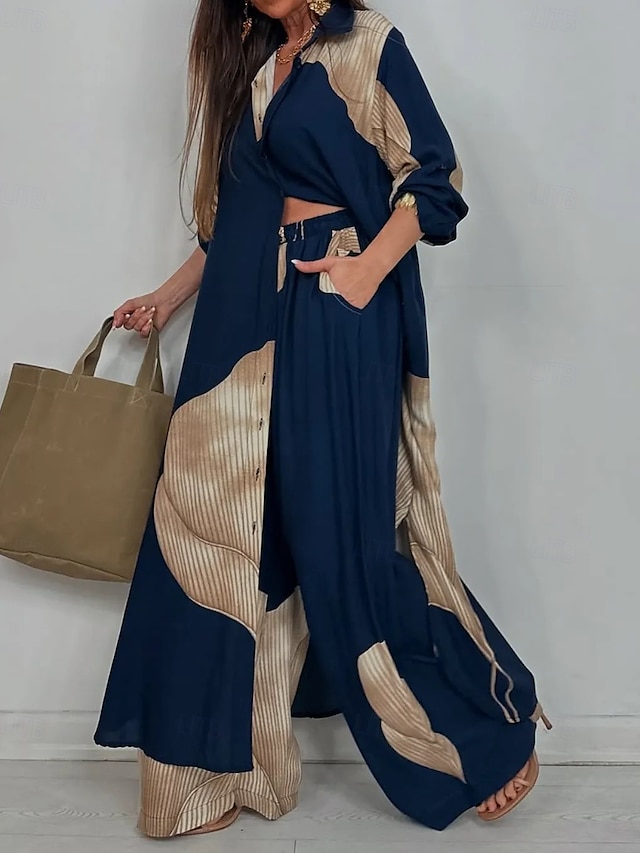  Dam Elegant bohemliv Semester Skjorta Byxuppsättningar Långärmad Tröjkrage Grafisk Lappverk Utomhus Semester Fest Rödvin Marin Blå Sommar Lös passning