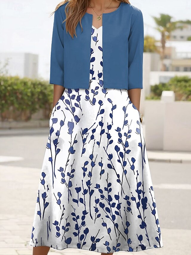 Women's Two Piece Dress Sets Midi Dress with Jacket Elegant A Line Dress Half Sleeve Party Semi Formal Floral Graphic Print V Neck Wedding Guest Daily White Blue Green Regular Fit4