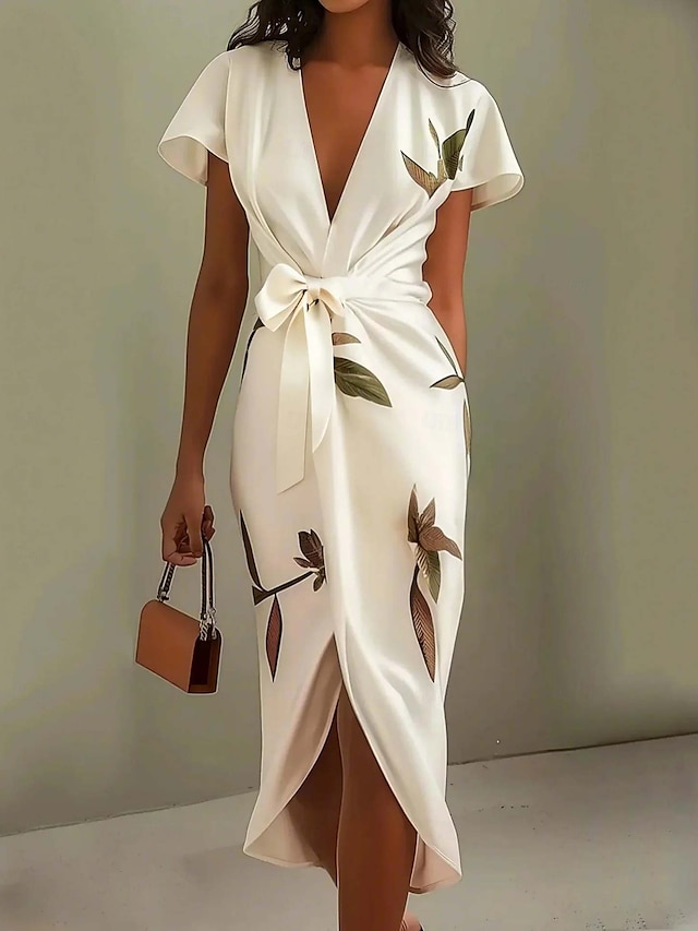  Femmes Robe Midi Robe Portefeuille Vacances Occasionnel Extérieur Sortir Plage Mince Fleuri Graphique manche longue Col en V Blanche Été Printemps