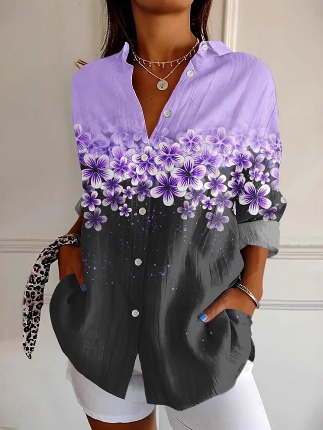 Women's Shirt Floral Active Daily Stylish Long Sleeve Shirt Collar Regular Tops Daily Holiday Buttons Print Purple Spring Fall4