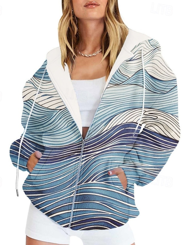  Mujer Chaqueta casual Cómodo Bolsillo Estampado Deportes Moda Exterior Flor Casual Diario Fin de semana Cremallera Regular Con Capucha Ajuste regular Manga Larga Ropa de calle Azul Piscina Azul cielo
