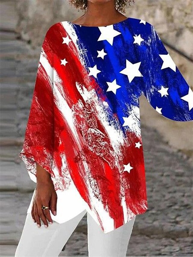Women's Blouse Graphic Flag Vintage Tropical Stylish 3/4 Length Sleeve Crew Neck Regular Tops Daily Print Red Summer Spring Fall4