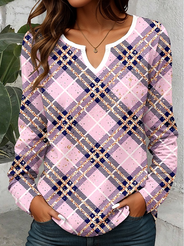  Femmes T-shirt Graphique Géométrique Plaid ancien Élégant Classique manche longue Col en V Encolure en V Hauts Réguliers Quotidien Week-end Impression 3D Imprimé Vert Claire Rose Claire Bleu clair