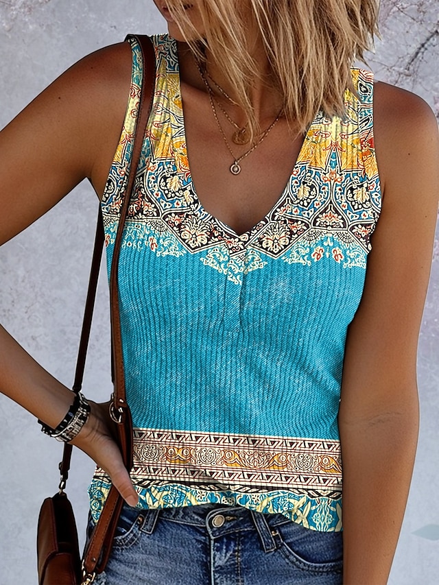  Dame Camisole Tank Top Grafisk Geometrisk Årgang Stilfull Etnisk Ermeløs V-hals Vanlige topper Daglig Trykt mønster Gul Blå Lilla Grønn Sommer Vår