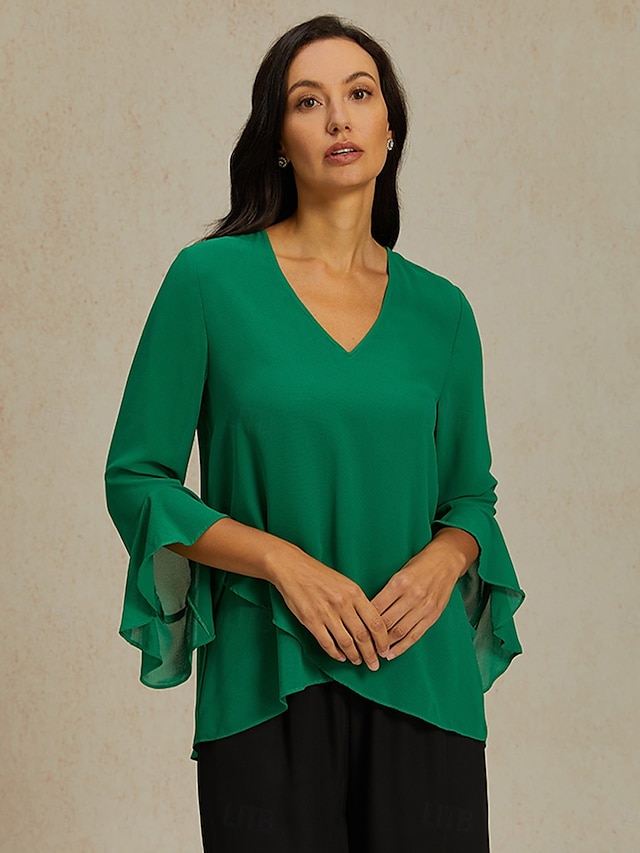  Femmes Chemisier Hauts en mousseline de soie Couleur Unie Élégant Manche 3/4 Manche Volants Col en V Hauts Réguliers robe demoiselle d honneur Travail Quotidien A Volants Ourlet asymétrique Vert Ét