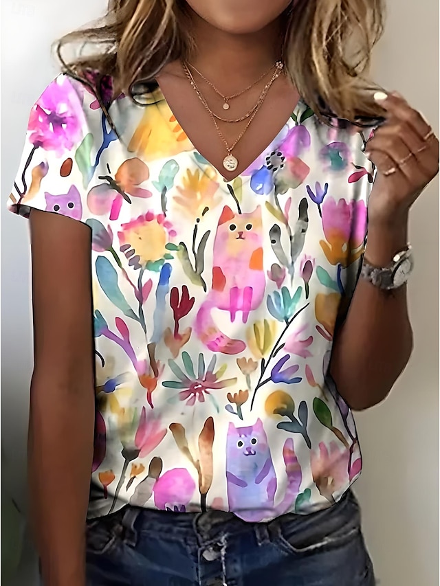  Femmes T-shirt Fleuri Graphique Plantes Bohème ancien Élégant Manche Courte Col en V Hauts Réguliers Quotidien Sortir Week-end Imprimé Vert Claire Rose Claire Vert Été