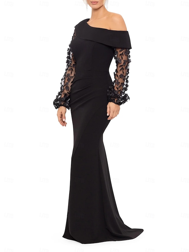  Sirène / Trompette Robe de Soirée Élégant Robe Formel Mariage Longueur au sol manche longue Une Épaule Détachable Crêpe Extensible avec Perlage 2025