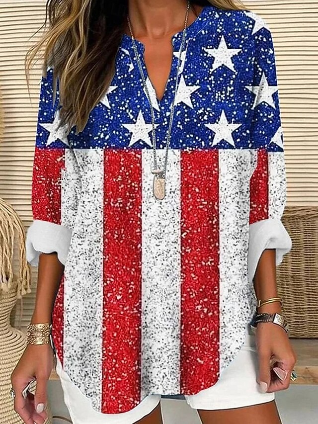 Women's Blouse Tunic V Neck Long Sleeve Boho Casual Patriotic Graphic Flag Vintage Tropical Regular Tops Daily Wear Print Red Blue3