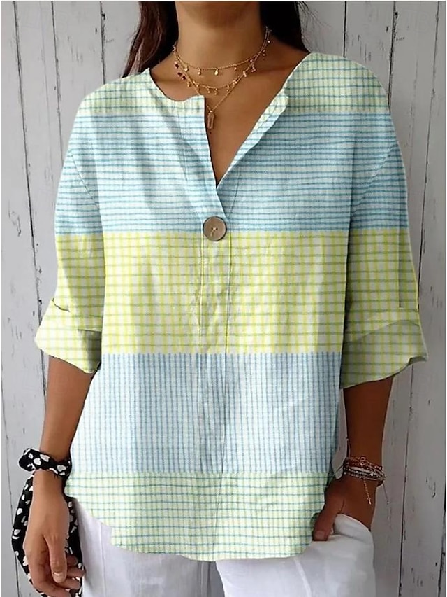  Camicia da donna maniche lunghe scollo a V grafica floreale geometrica vintage tropicale hawaiana maniche 3/4 lunghezza collo regolare abbigliamento da spiaggia quotidiano stampa verde chiaro verde